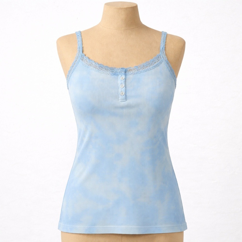 Brandy Melville Y2K Lace Ribbed Henley‎ Tank Sz S Blue Tie Dye Preppy Watercolor